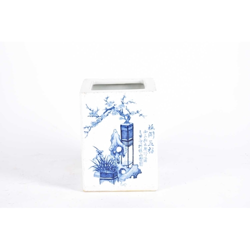 158 - A Chinese blue & white bitong, of square from, painted with auspicious flowers in vases beside a sho... 