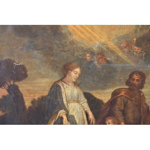 16 - An 18th-century Spanish school flight of the Holy Family into Egypt (?) oil on tin panel. 27.5 cm x ... 