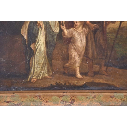 16 - An 18th-century Spanish school flight of the Holy Family into Egypt (?) oil on tin panel. 27.5 cm x ... 