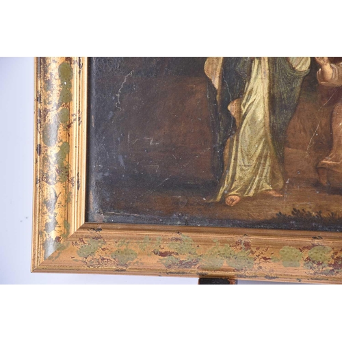 16 - An 18th-century Spanish school flight of the Holy Family into Egypt (?) oil on tin panel. 27.5 cm x ... 