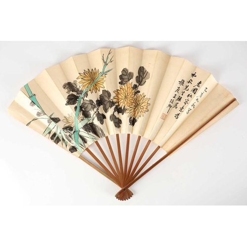 162 - Three Chinese bamboo fans, 20th century, one depicting boating on Taihu Lake in Autumn, signed for Z... 