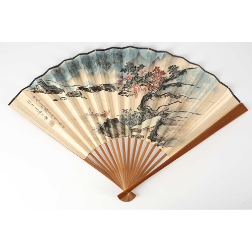 162 - Three Chinese bamboo fans, 20th century, one depicting boating on Taihu Lake in Autumn, signed for Z... 