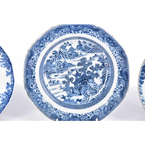 163 - Three Chinese export blue & white plates, Qing, 18th century, comprising a dished plate painted with... 