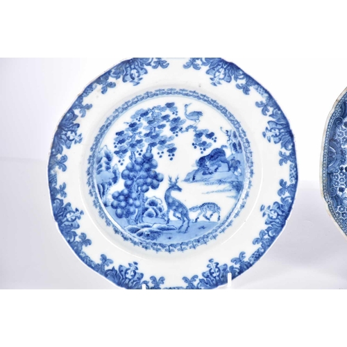 163 - Three Chinese export blue & white plates, Qing, 18th century, comprising a dished plate painted with... 