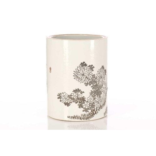 165 - A Chinese porcelain bitong, the etched decoration depicting a bird upon a branch surrounded by folia... 