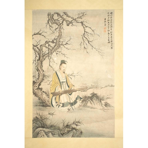 166 - A Chinese watercolour scroll painting on paper, painted with a seated male playing the Qin, within a... 