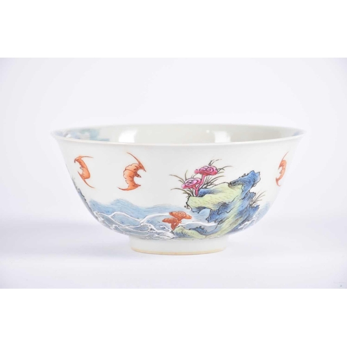 168 - A Chinese porcelain 'Wufu' bowl, finely decorated throughout with red bats flying above and around j... 