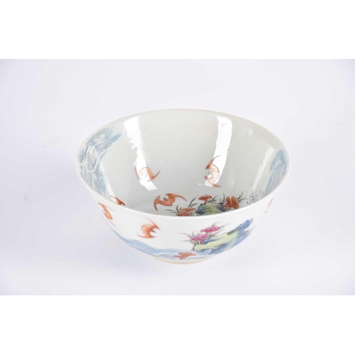 168 - A Chinese porcelain 'Wufu' bowl, finely decorated throughout with red bats flying above and around j... 