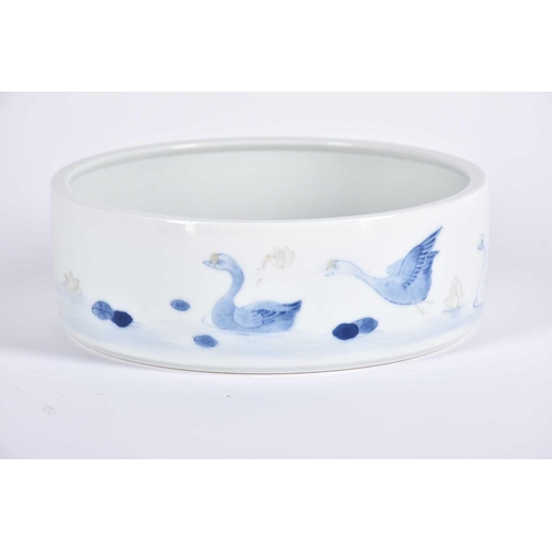 171 - A Chinese porcelain brush washer, late 20th century, of shallow cylindrical form, painted with ducks... 