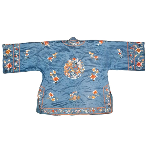 172 - Two Chinese embroidered silk summer jackets, 20th century, one decorated with gourds against a black... 