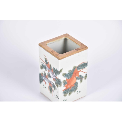 175 - A Chinese porcelain bitong, of square form, each side painted with fish amongst plants, beneath a gi... 