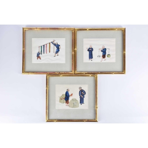 177 - A set of seven Chinese pith paper paintings, Qing, late 19th century, six depicting market traders a... 