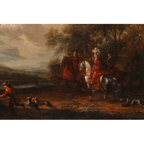 18 - Cornelis Van Essen (1700-1757) Dutch, an equestrian hunting scene, oil on board, 25.5 cm x 33.5 cm i... 