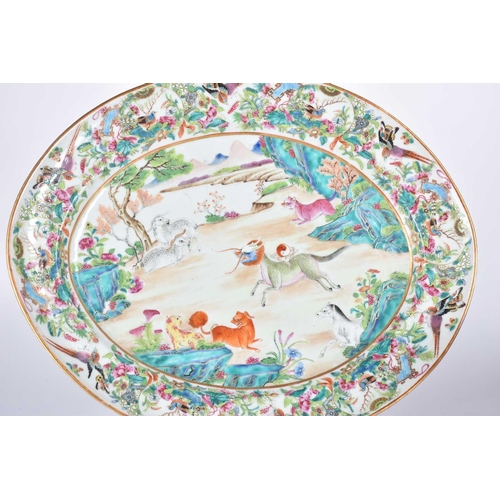 180 - A Chinese Famile Rose porcelain oval meat plate, Qing Dynasty, mid 19th century., painted with goat,... 