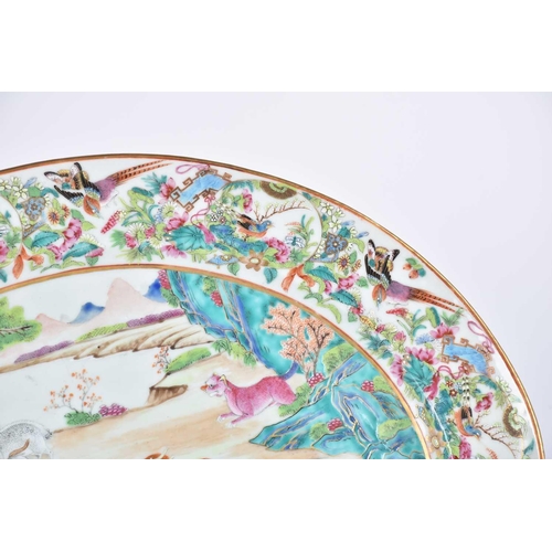 180 - A Chinese Famile Rose porcelain oval meat plate, Qing Dynasty, mid 19th century., painted with goat,... 