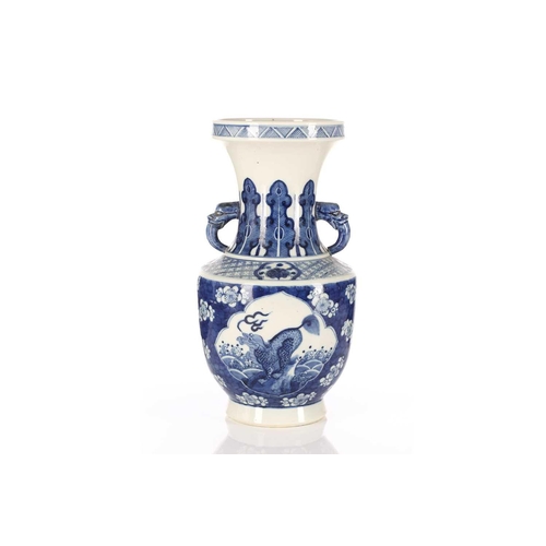 187 - A Chinese porcelain blue & white Kylin vase, the rim with straight sides above a waisted neck painte... 