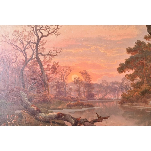 19 - Wilhelm Porttmann (1819 - 1893), a frozen river landscape at sunset, with hunters approaching a smal... 