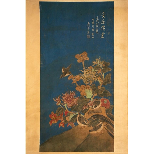 200 - A Chinese scroll painting on silk, painted with quail and spider chrysanthemums, signed Shou Ping, i... 