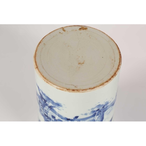 208 - A Chinese porcelain blue & white bitong, in the Ming style, painted with a man holding a tied bundle... 