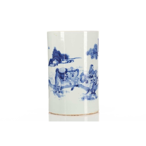 208 - A Chinese porcelain blue & white bitong, in the Ming style, painted with a man holding a tied bundle... 