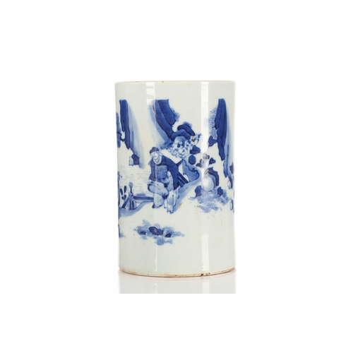 208 - A Chinese porcelain blue & white bitong, in the Ming style, painted with a man holding a tied bundle... 