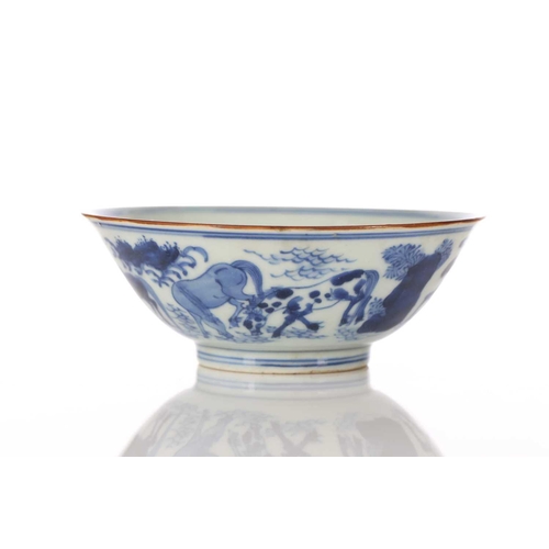 211 - A Chinese blue & white bowl, in the Ming style, painted with the eight horses of Mu Wang, with two b... 