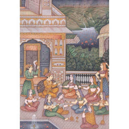 218 - An Indian Mughal style watercolour depicting an emperor attended by his hareem and servants in a for... 