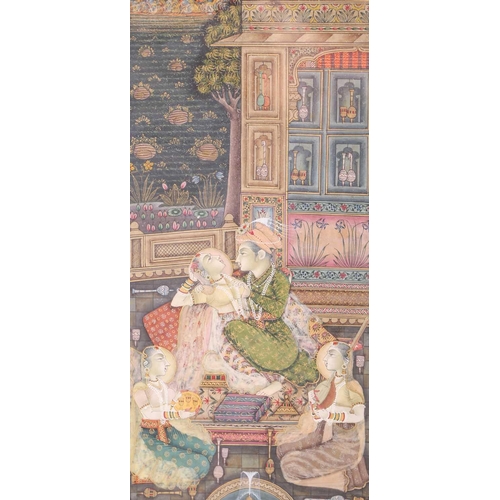 218 - An Indian Mughal style watercolour depicting an emperor attended by his hareem and servants in a for... 