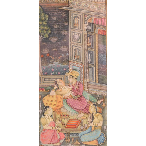 218 - An Indian Mughal style watercolour depicting an emperor attended by his hareem and servants in a for... 