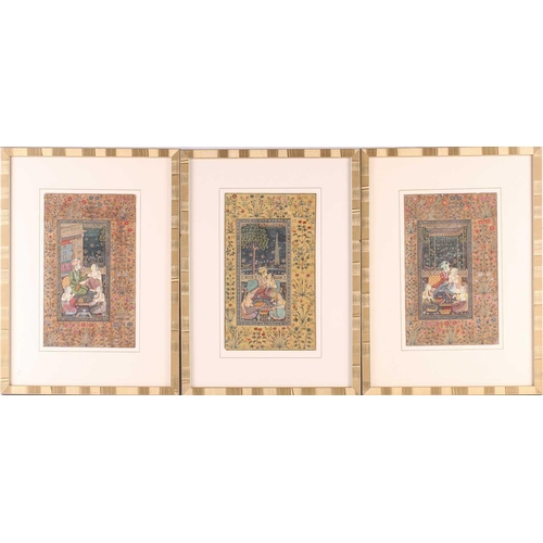 218 - An Indian Mughal style watercolour depicting an emperor attended by his hareem and servants in a for... 