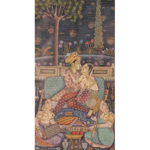 218 - An Indian Mughal style watercolour depicting an emperor attended by his hareem and servants in a for... 