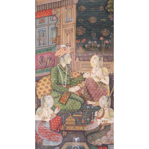 218 - An Indian Mughal style watercolour depicting an emperor attended by his hareem and servants in a for... 