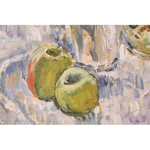 23 - 20th Century Russian School, a still life study of flowers and fruit, impasto oil on canvas, signed ... 