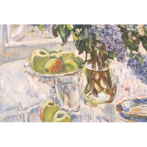 23 - 20th Century Russian School, a still life study of flowers and fruit, impasto oil on canvas, signed ... 