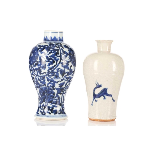 231 - A Chinese blue & white meiping vase, painted with lotus flowers amongst tight scrolling tendrils, 24... 