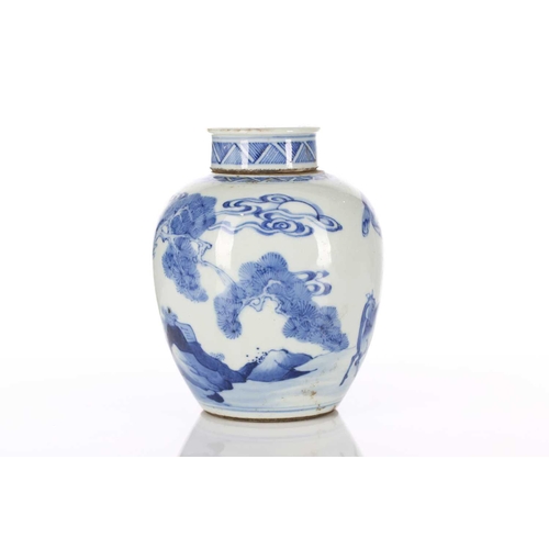 239 - A Chinese blue & white tea caddy, Qing, 18th/19th century, the lid painted with a single crane over ... 