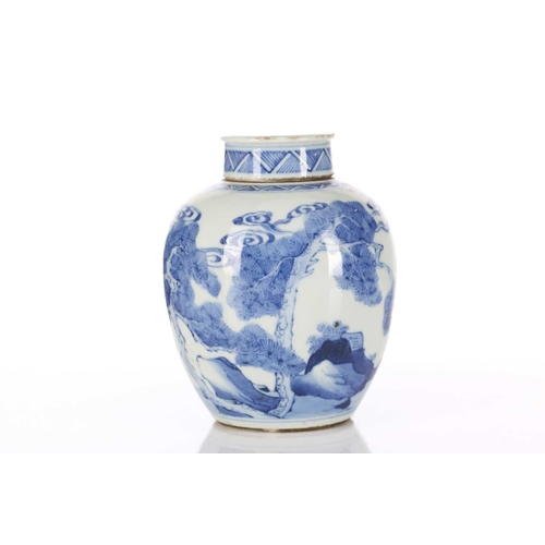 239 - A Chinese blue & white tea caddy, Qing, 18th/19th century, the lid painted with a single crane over ... 