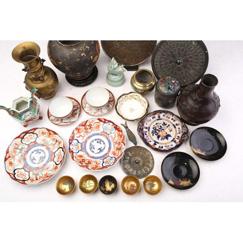 242 - A collection of Japanese porcelain and metal wares, to include a Kutani censer, lacquer saucers and ... 