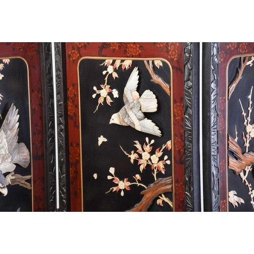 246 - A Japanese carved wood and red lacquer four-fold boudoir screen, early 20th century Meiji/ Taisho pe... 