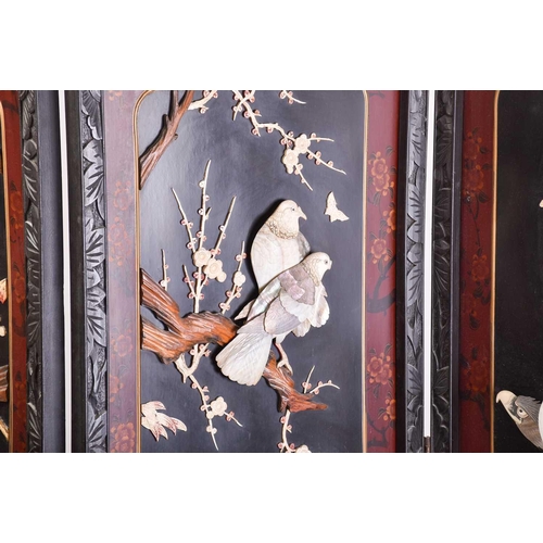 246 - A Japanese carved wood and red lacquer four-fold boudoir screen, early 20th century Meiji/ Taisho pe... 