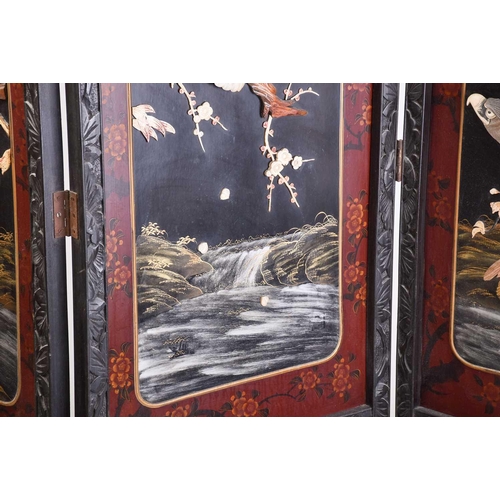 246 - A Japanese carved wood and red lacquer four-fold boudoir screen, early 20th century Meiji/ Taisho pe... 