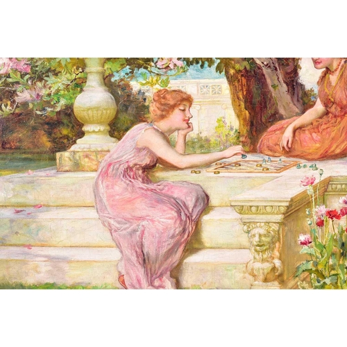 25 - Sydney Muschamp (British, 1851 - 1929), Two young ladies playing draughts, signed, oil on canvas, 34... 