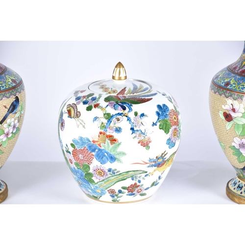 256 - A pair of Chinese cloisonne vases, second half of the 20th, decorated with floral bands above birds ... 