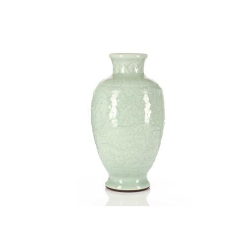 258 - A Chinese celadon glaze vase, the neck with relief moulded leaves above a band of yunwen, the main b... 