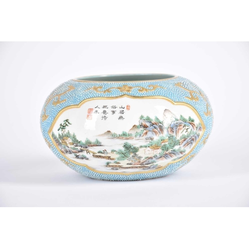 264 - A Chinese porcelain landscape bowl, 20th century, possibly Republic period, finely pointed with herm... 