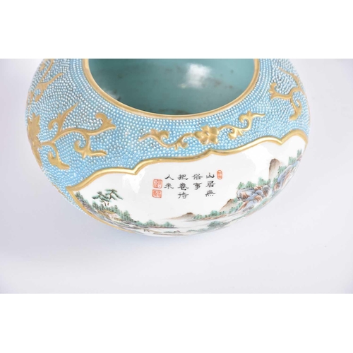 264 - A Chinese porcelain landscape bowl, 20th century, possibly Republic period, finely pointed with herm... 