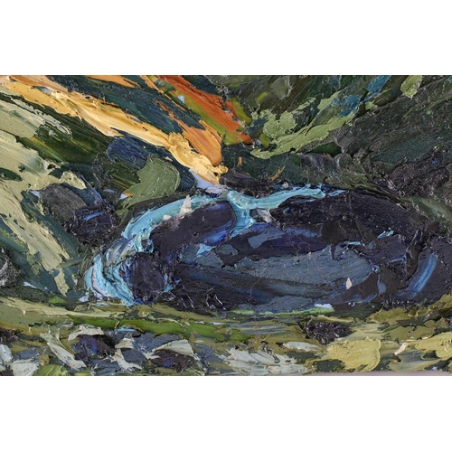 27 - † Jon Spencer (contemporary) British, 'Scale Tarn from Sharp Edge V', impasto oil on board, signed t... 