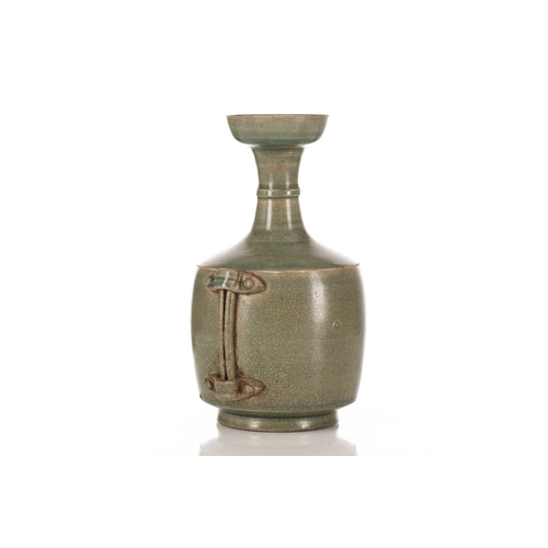 280 - A Chinese celadon vase, in the tang style, of mallet form with wide mouth and narrow banded neck, th... 