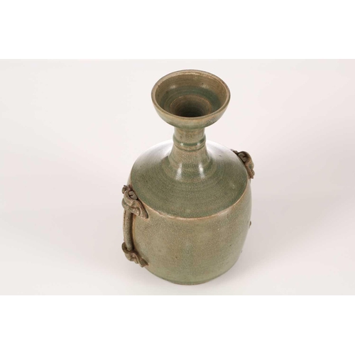 280 - A Chinese celadon vase, in the tang style, of mallet form with wide mouth and narrow banded neck, th... 