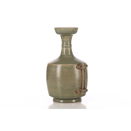 280 - A Chinese celadon vase, in the tang style, of mallet form with wide mouth and narrow banded neck, th... 